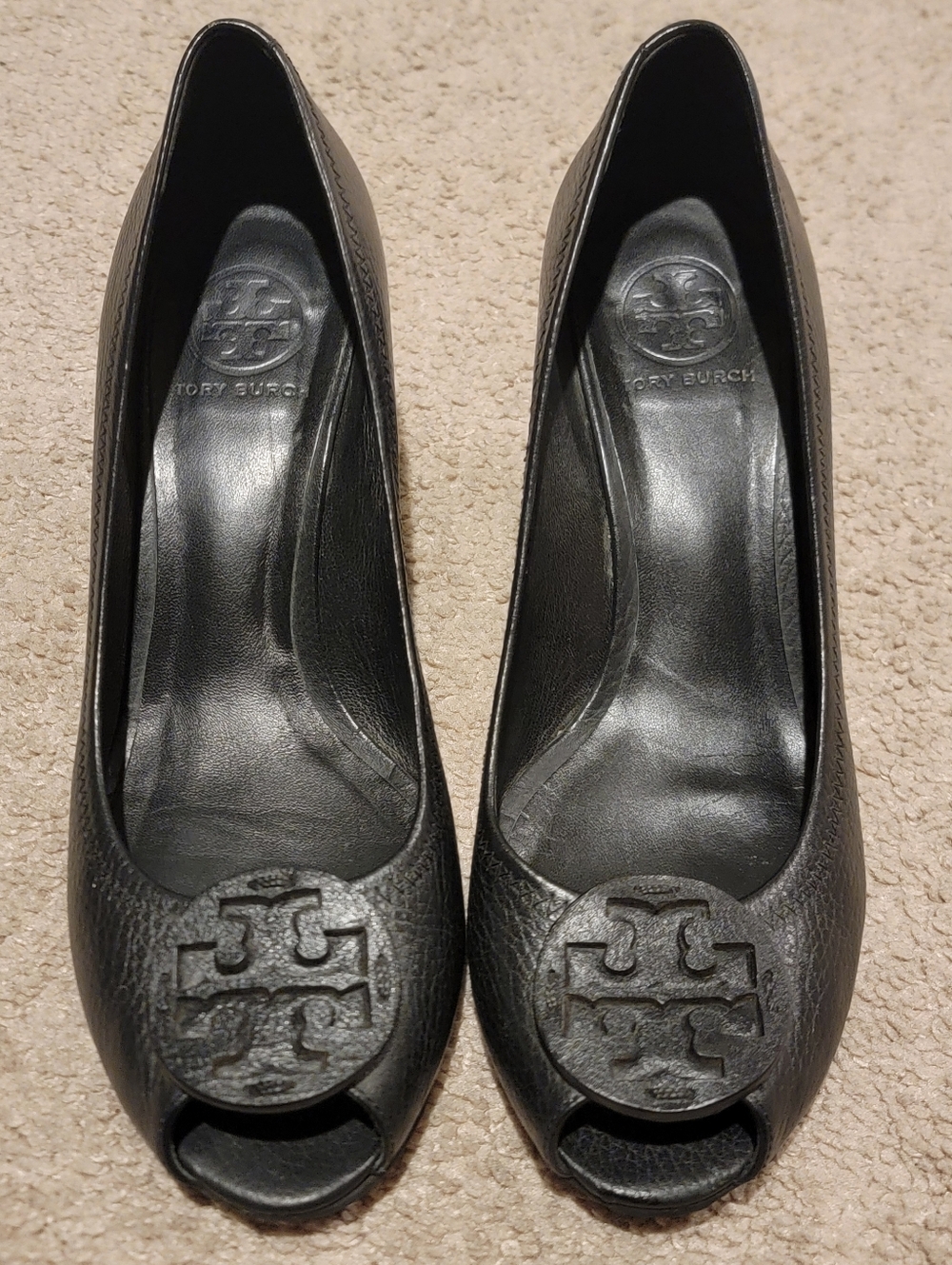 Tory Burch Sally 2 Black Leather Wedges Peep Toe Heels Size 9.5 - Picture 5 of 10